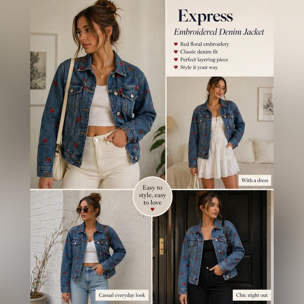 Express Embroidered Rose Denim Jacket Women’s Size M Blue Floral Jean Jacket